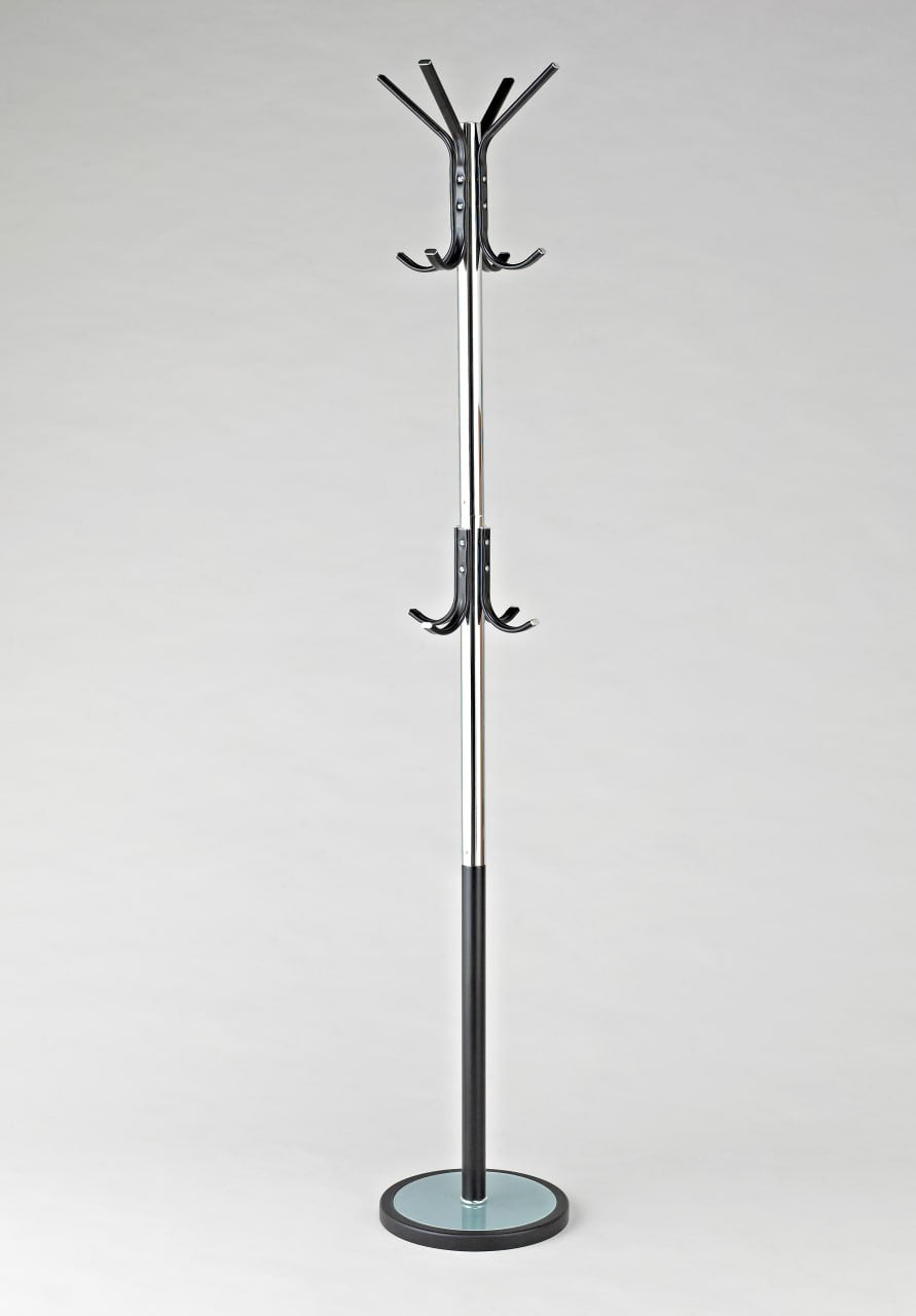 Chrome Plated Coat Rack – Freestanding Hat & Coat Stand with Black Powder Coated Steel Hooks and Tempered Glass Base. HAOG Home and Office Goods - HAOG