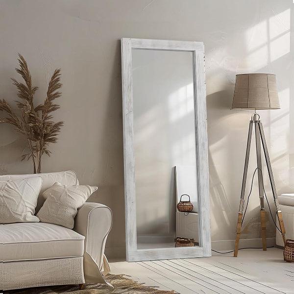 MELOMOIR Rustic Farmhouse Full Length Mirror, Wood Floor Mirror, Free Standing, Long for Bedroom, Living Room, Cloakroom, Weathering White - HAOG