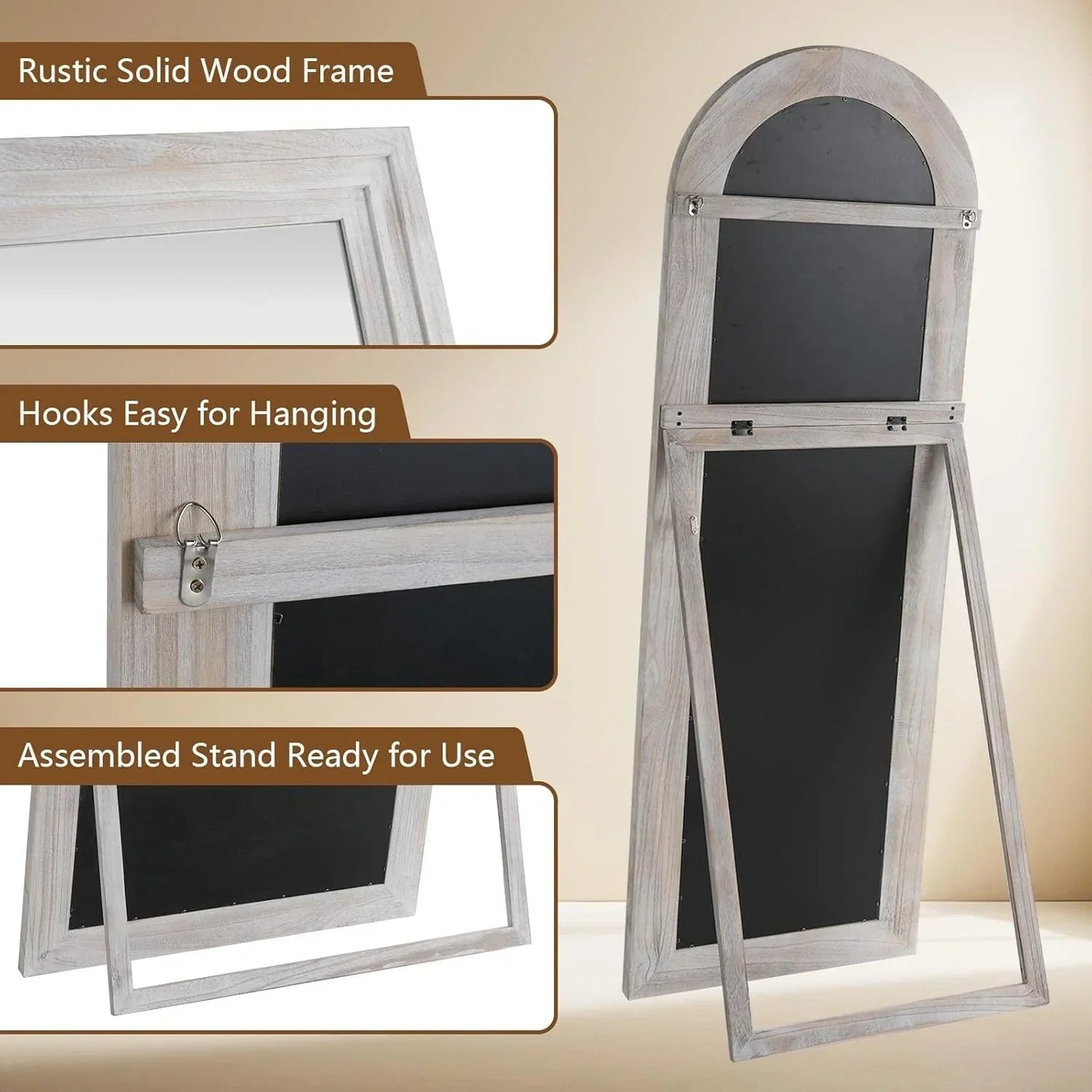 MELOMOIR Arched Full Length Mirror with Solid Wood Frame, Rustic Farmhouse Floor Mirror with Stand, Free Standing Leaning Hanging, for Bedroom Living Room Dressing Room - HAOG