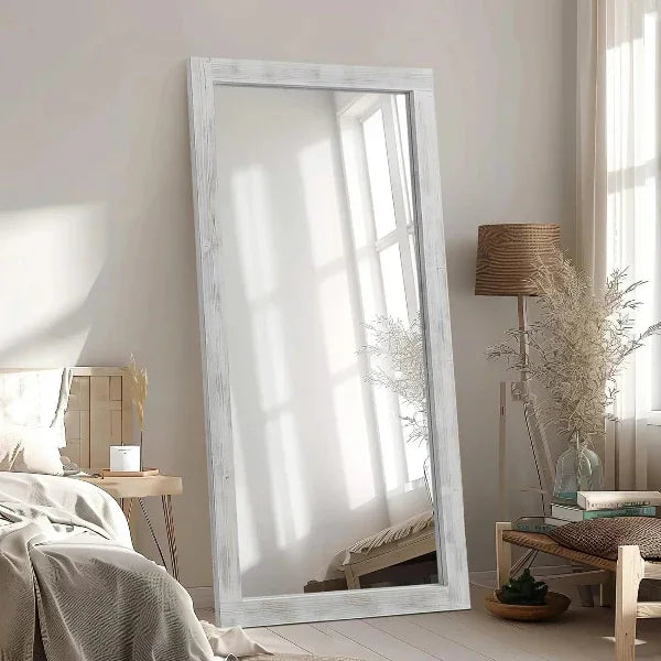 MELOMOIR Rustic Farmhouse Full Length Mirror, Wood Floor Mirror, Free Standing, Long for Bedroom, Living Room, Cloakroom, Weathering White - HAOG