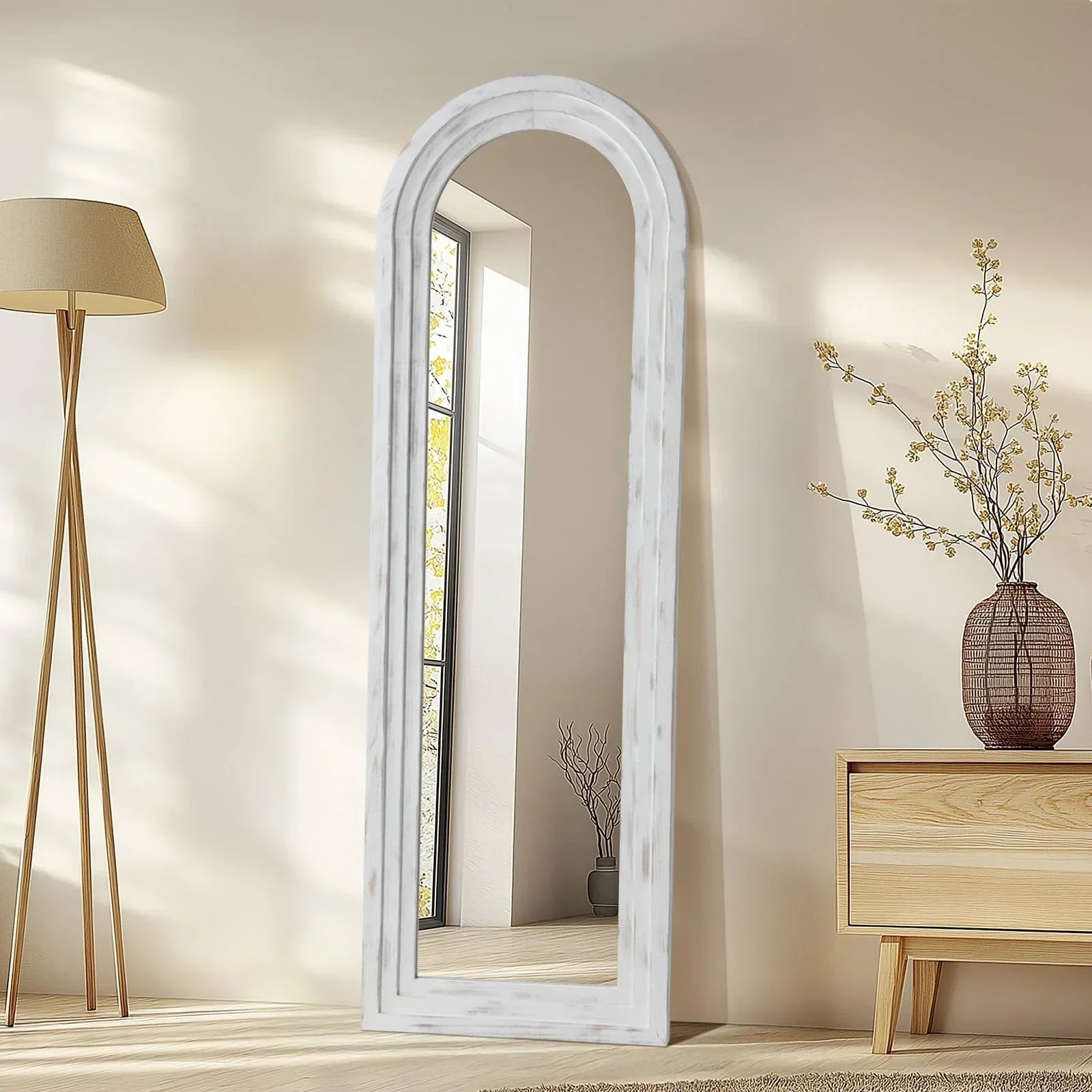 MELOMOIR Arched Full Length Mirror with Solid Wood Frame, Rustic Farmhouse Floor Mirror with Stand, Free Standing Leaning Hanging, for Bedroom Living Room Dressing Room - HAOG