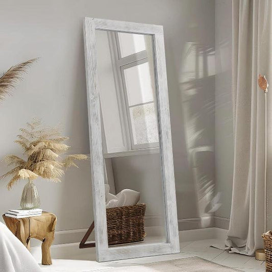 MELOMOIR Rustic Farmhouse Full Length Mirror, Wood Floor Mirror, Free Standing, Long for Bedroom, Living Room, Cloakroom, Weathering White - HAOG