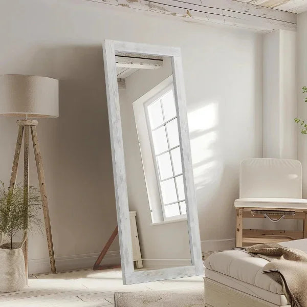 MELOMOIR Rustic Farmhouse Full Length Mirror, Wood Floor Mirror, Free Standing, Long for Bedroom, Living Room, Cloakroom, Weathering White - HAOG
