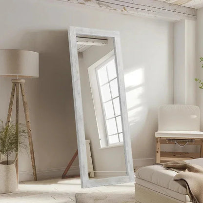 MELOMOIR Rustic Farmhouse Full Length Mirror, Wood Floor Mirror, Free Standing, Long for Bedroom, Living Room, Cloakroom, Weathering White - HAOG