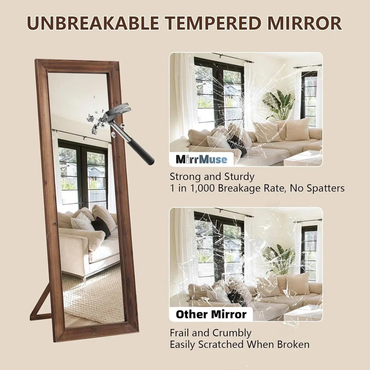MELOMOIR Rustic Farmhouse Full Length Mirror, Wooden Floor Mirror, Leaning or Hanging, Suitable for Bedroom, Living Room, Cloakroom - HAOG