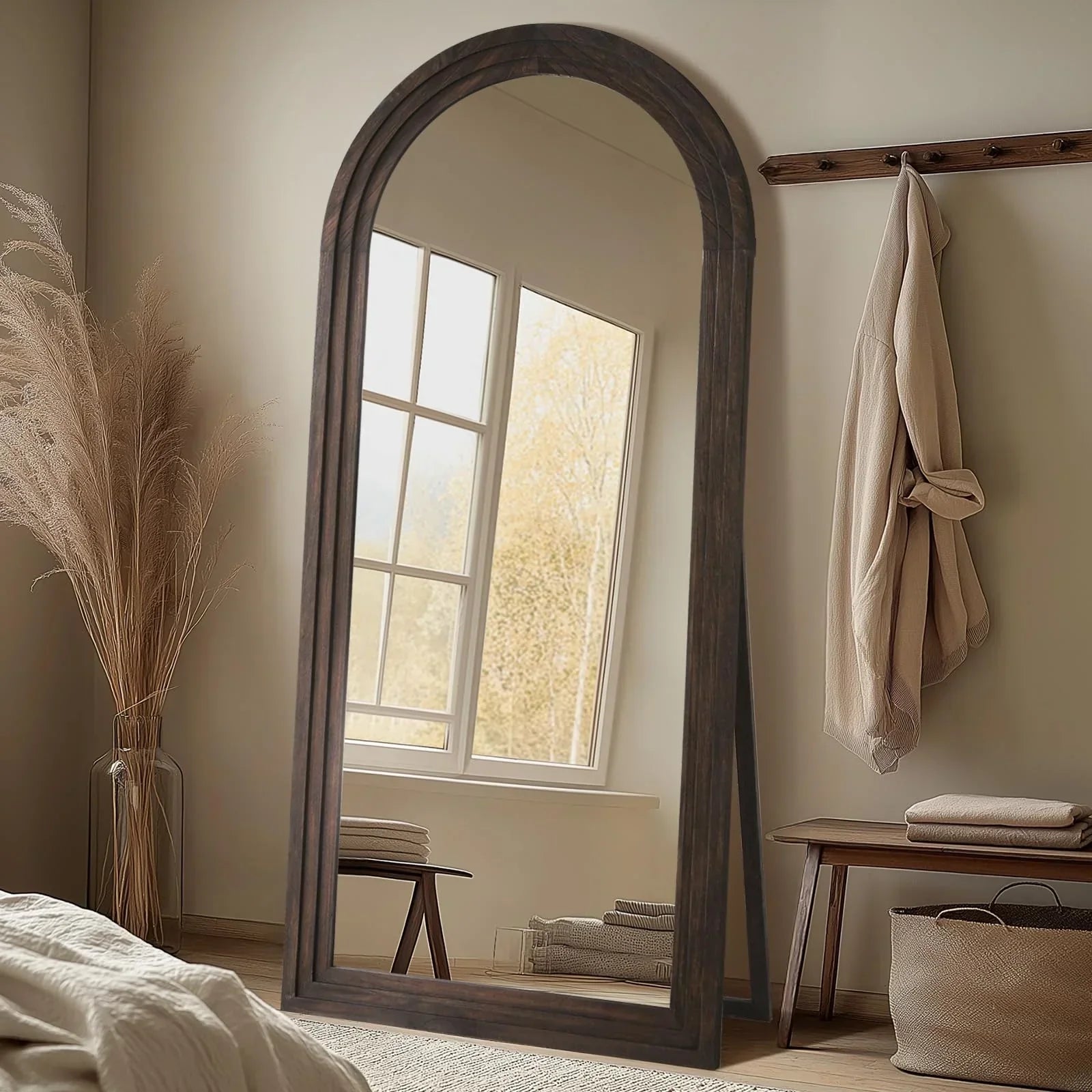 MELOMOIR Arched Full Length Mirror with Solid Wood Frame, Rustic Farmhouse Floor Mirror with Stand, Free Standing Leaning Hanging, for Bedroom Living Room Dressing Room - HAOG