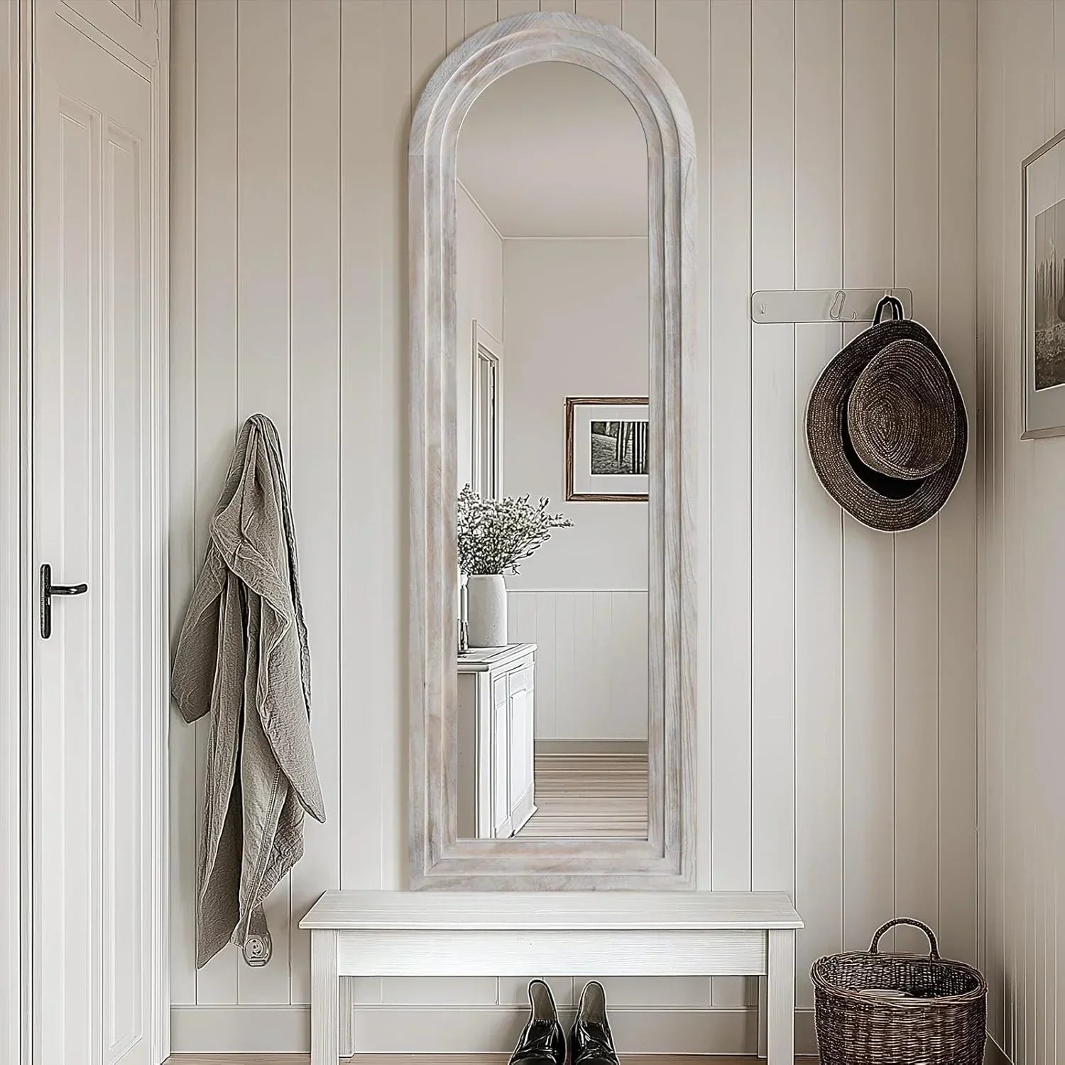MELOMOIR Arched Full Length Mirror with Solid Wood Frame, Rustic Farmhouse Floor Mirror with Stand, Free Standing Leaning Hanging, for Bedroom Living Room Dressing Room - HAOG