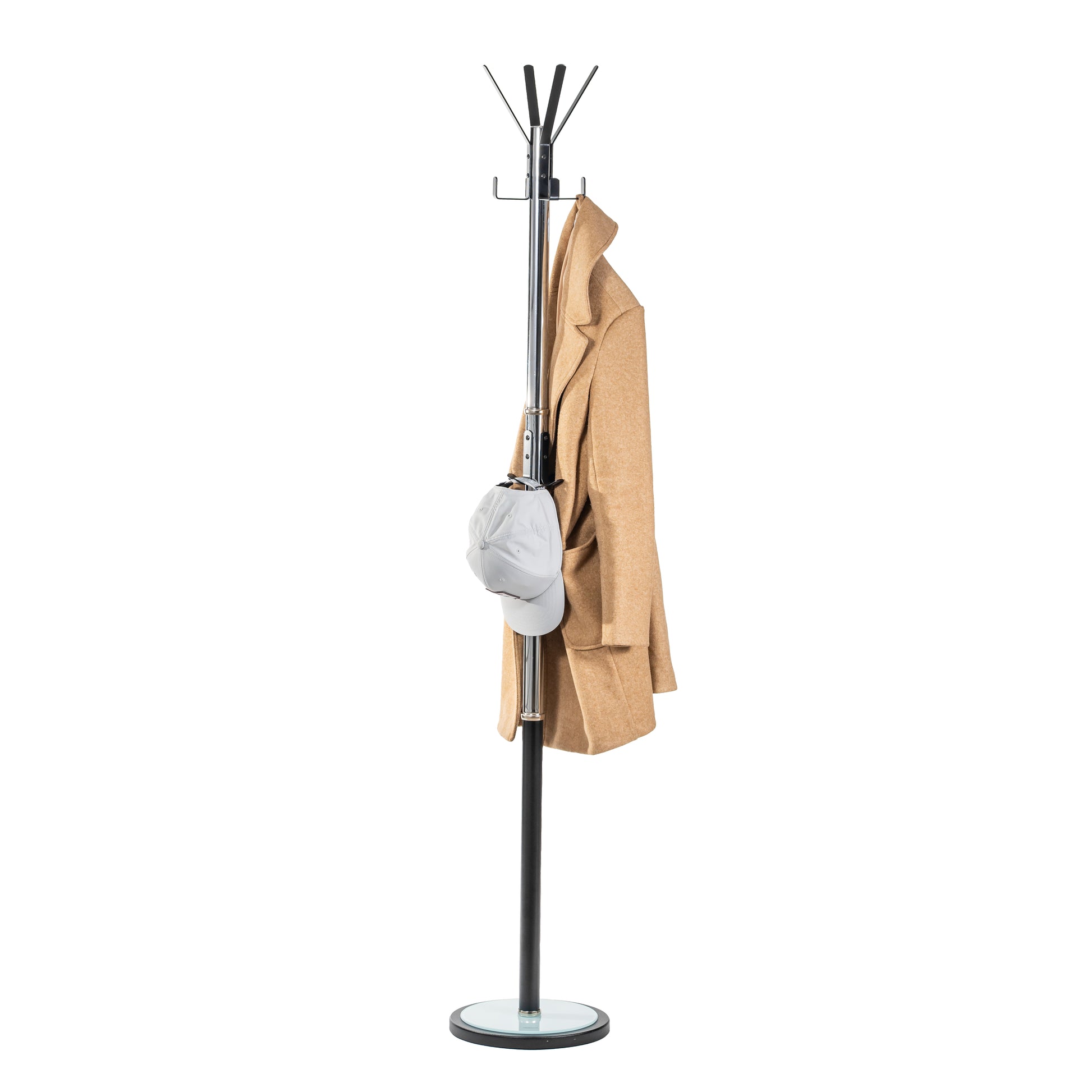 Chrome Plated Coat Rack – Freestanding Hat & Coat Stand with Black Powder Coated Steel Hooks and Tempered Glass Base. HAOG Home and Office Goods - HAOG