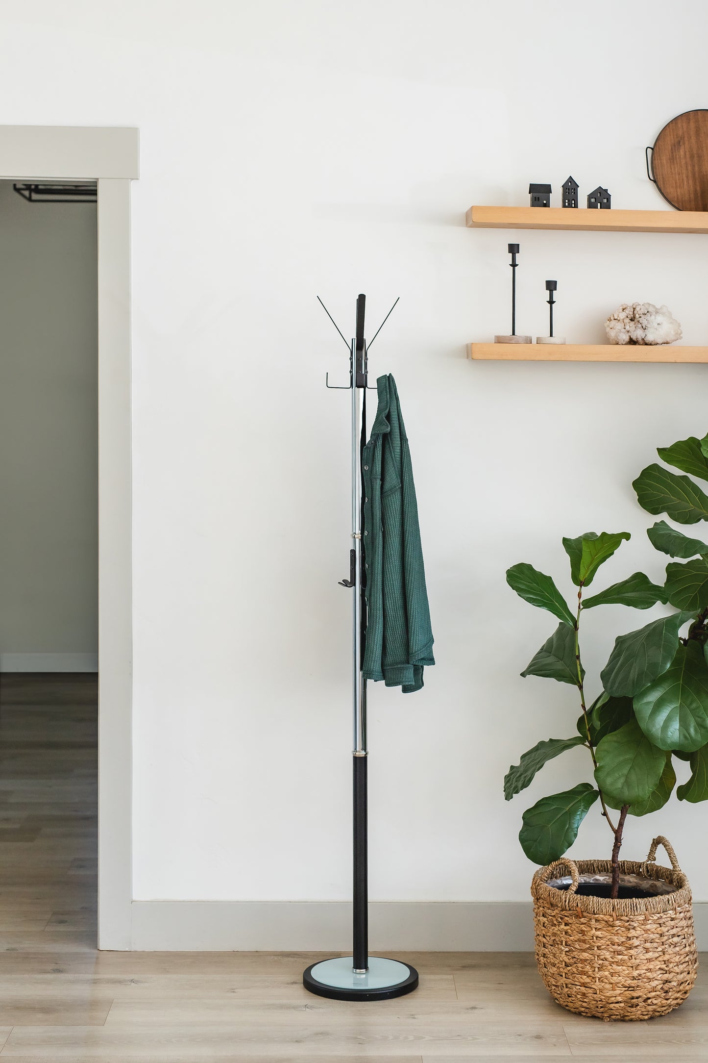 Chrome Plated Coat Rack – Freestanding Hat & Coat Stand with Black Powder Coated Steel Hooks and Tempered Glass Base. HAOG Home and Office Goods - HAOG