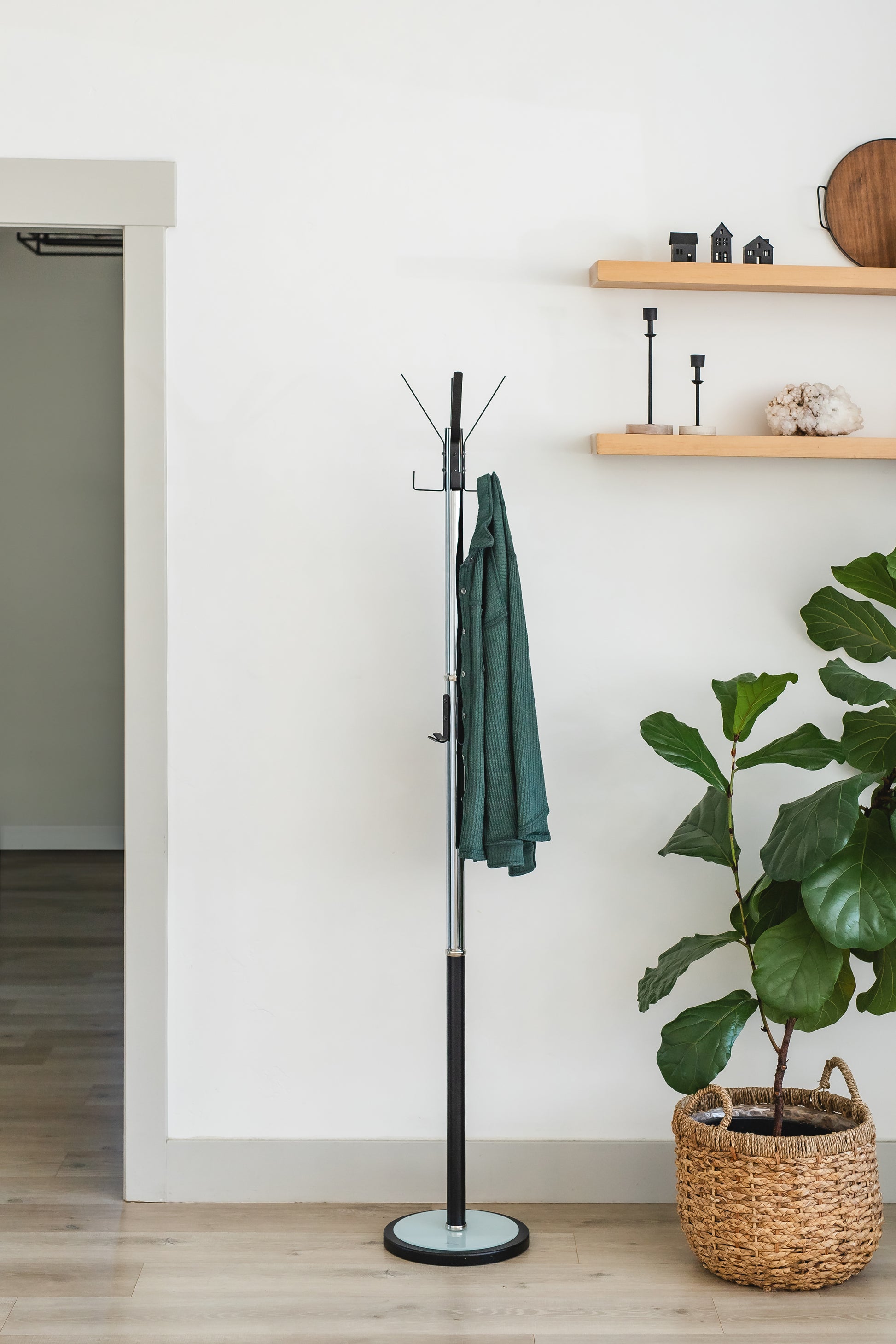 Chrome Plated Coat Rack – Freestanding Hat & Coat Stand with Black Powder Coated Steel Hooks and Tempered Glass Base. HAOG Home and Office Goods - HAOG
