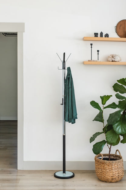 Chrome Plated Coat Rack – Freestanding Hat & Coat Stand with Black Powder Coated Steel Hooks and Tempered Glass Base. HAOG Home and Office Goods - HAOG