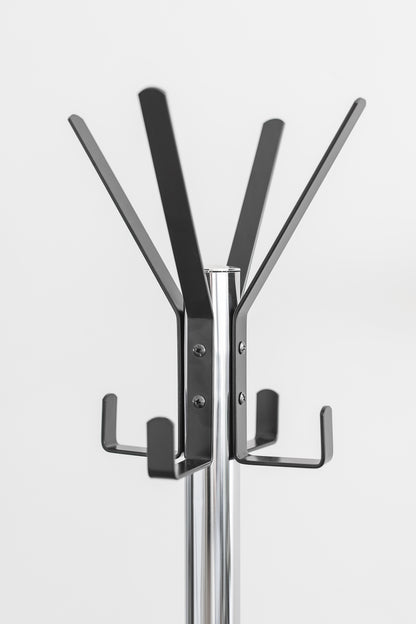 Chrome Plated Coat Rack – Freestanding Hat & Coat Stand with Black Powder Coated Steel Hooks and Tempered Glass Base. HAOG Home and Office Goods - HAOG